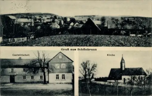 Ak Wien 13 Hietzing Österreich, Schönbrunn , Drei Bilder: Gastwirtschaft, Kirche, Landschaft