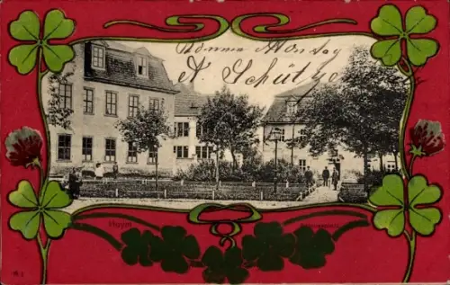 Ak Hoym in Anhalt, Historische Gebäude, Park mit Bäumen, n-Illustration, farbige Umrandung