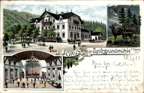 Ak Coswig in Sachsen,  mit Hotel Spitzgrundmühle, Tänzer und Natur, Gruß aus Coswig