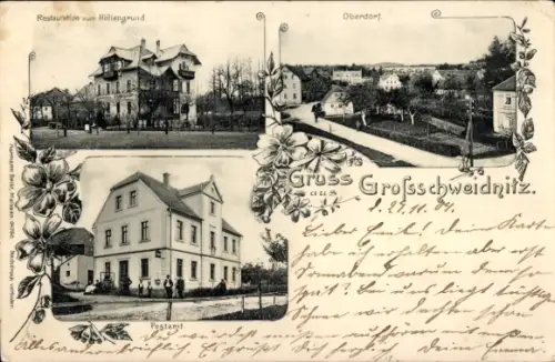 Ak Großschweidnitz in Sachsen, Drei Ansichten, Restauration zum Höllengrund, Oberdorf, Postamt
