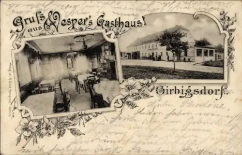 Ak Girbigsdorf Schöpstal Oberlausitz, Gasthaus innen, Gasthaus außen, Blumenornament,  