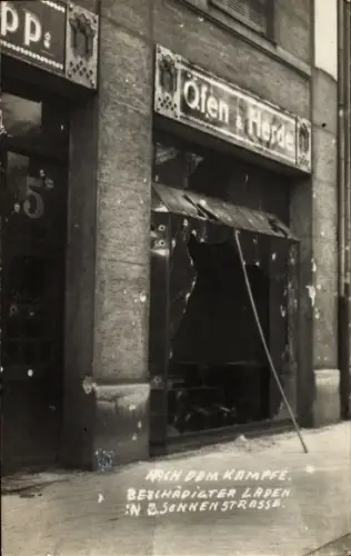 Foto Ak Revolutionstage in München, Sonnenstraße, beschädigtes Geschäft für Öfen und Herde