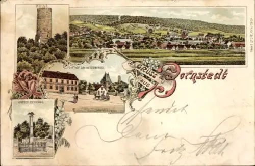 Litho Bornstedt in Sachsen Anhalt, Gesamtansicht, Gasthof zum weißen Ross, Kriegerdenkmal, Ruine