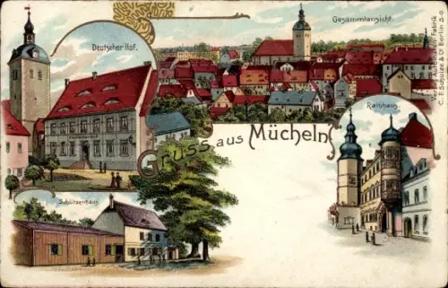 Litho Mücheln im Saalekreis, Schützenhaus, Deutscher Hof, Rathaus
