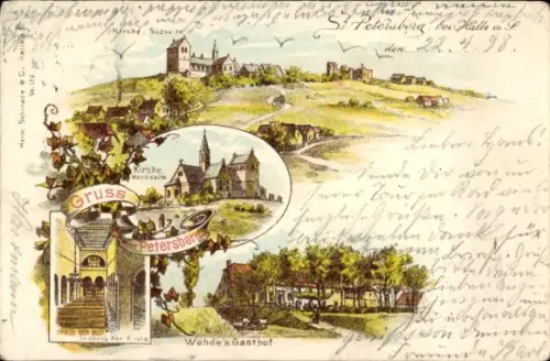 Litho Petersberg Saalekreis, Kirche, Innenansicht, Wehdes Gasthof