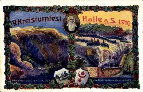 Wappen Künstler Ak Halle an der Saale, 9. Kreisturnfest 1910, Turnvater Jahn