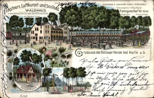 Litho Dölauer Heide Halle an der Saale, Leistners Waldhaus, Kurhaus, Badehaus, Knusperhäuschen