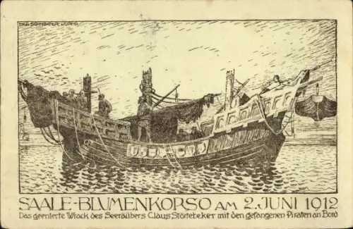 Künstler Ak Halle, Saale-Blumenkorso 2. Juni 1912, Wrack des Seeräubers Claus Störtebeker, Piraten