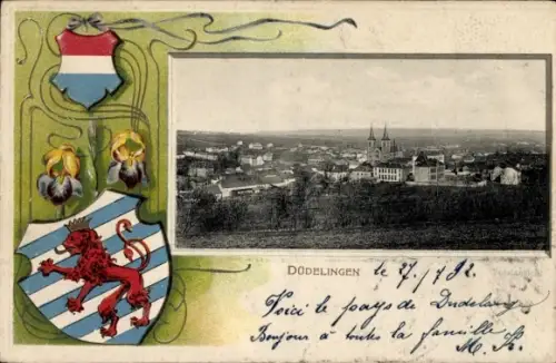 Präge Wappen Passepartout Ak Dudelange Düdelingen Luxemburg, Gesamtansicht