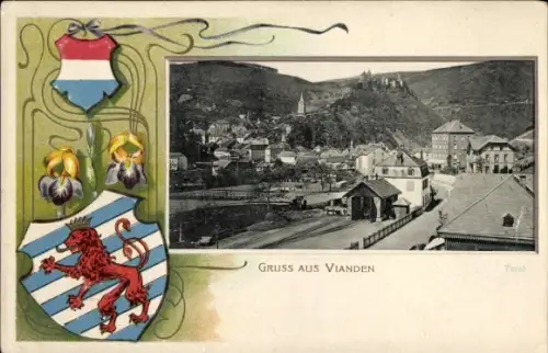 Präge Wappen Passepartout Ak Vianden Luxemburg, Gesamtansicht