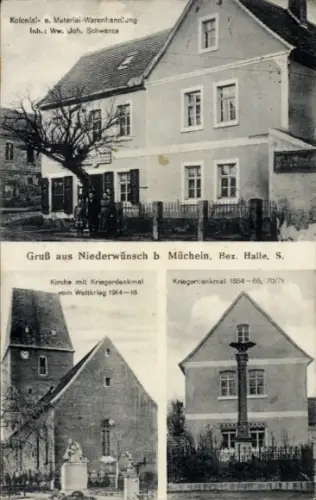 Ak Niederwünsch Wünsch Mücheln im Saalekreis, Geschäftshaus Joh. Schwarze, Kirche, Kriegerdenkmal