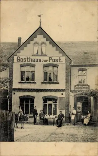 Ak Drohndorf Aschersleben im Salzlandkreis, Gasthaus zur Post, Gäste, Kind auf einem Esel
