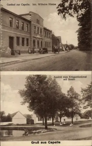 Ak Capelle Salzfurtkapelle Zörbig in Sachsen Anhalt, Gasthof Wilhelm Hintze, Kriegerdenkmal, Straße