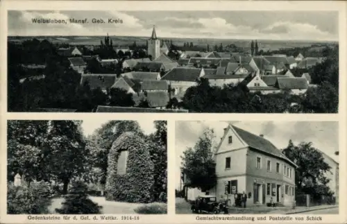 Ak Welbsleben Arnstein im Südharz, Panorama, Kriegerdenkmal, Geschäftshaus und Poststelle Schick