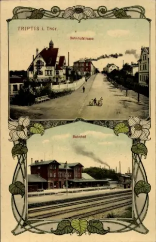 Passepartout Ak Triptis in Thüringen, Bahnhofstraße, Bahnhof Gleisseite