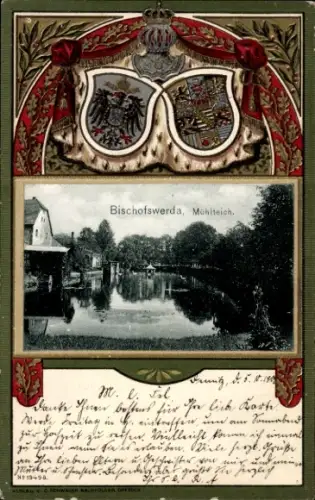 Präge Wappen Passepartout Ak Bischofswerda in Sachsen, Mühlteich