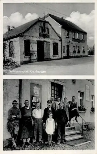 Ak Geißmannsdorf Bischofswerda, Gasthaus zur Schmiede, Reklameschild Juno, Gruppenbild
