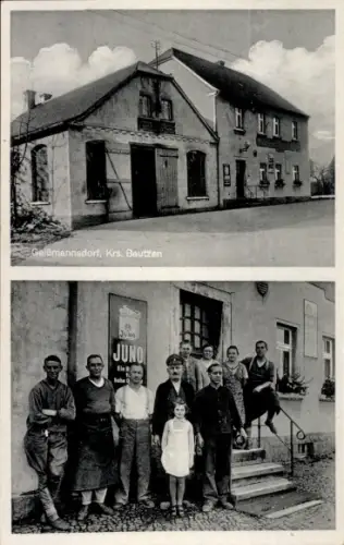 Ak Geißmannsdorf Bischofswerda, Gasthaus zur Schmiede, Reklameschild Juno, Gruppenbild