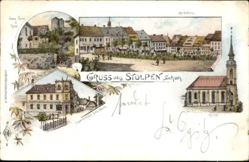 Litho Stolpen in Sachsen, Marktplatz, Kirche, Coselturm, Ruine, Zigarrenhaus
