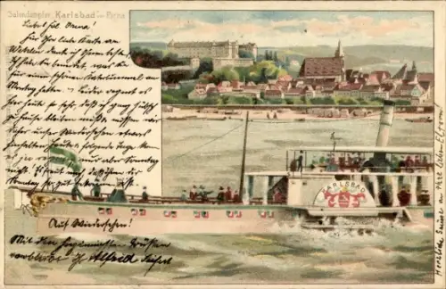 Litho Pirna an der Elbe, Salondampfer Karlsbad, Stadtansicht, Schloss Sonnenstein