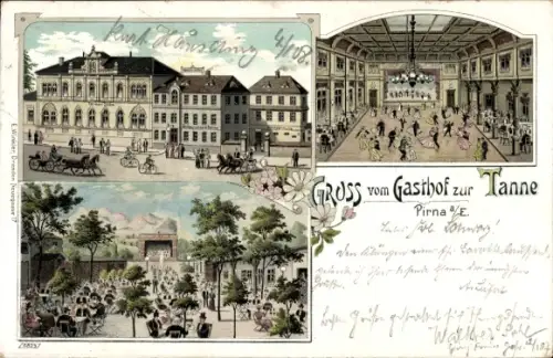 Litho Pirna an der Elbe, Gasthof zur Tanne, Saal, Garten