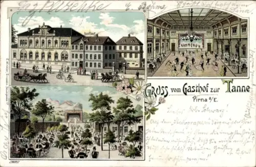 Litho Pirna an der Elbe, Gasthof zur Tanne, Saal, Garten