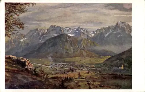 Ak Lienz Tirol Österreich, Lienzer Hütte, Schneebedeckte Berggipfel, Tal mit kleinem Ort, Felsen 