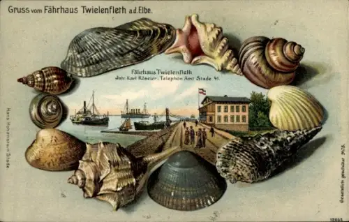 Muschel Passepartout Litho Hollern Twielenfleth an der Elbe, Fährhaus