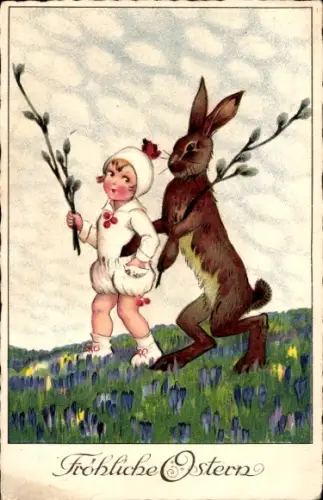 Ak Glückwunsch Ostern, Kind und Osterhase, Weidenkätzchen, Krokuswiese
