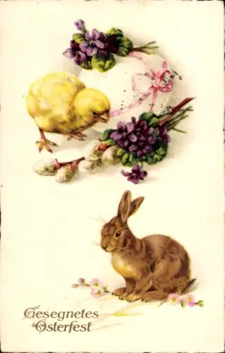 Ak Frohe Ostern, Osterhase, Küken, Veilchen, Weidenkätzchen, Ei