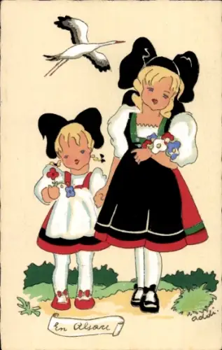 Ak Riedisheim Elsass Haut Rhin, Zwei Mädchen in elsässischer Tracht mit Blumen in den Händen. ...