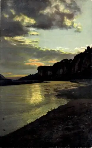 Ak Photochromie Nenke und Ostermaier Serie 102  Nr. 2200, Die Basteifelsen bei Sonnenuntergang, Elbe