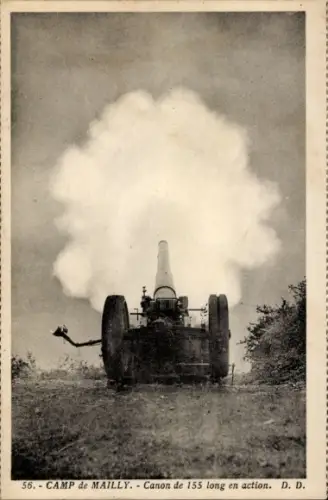 Ak Mailly le Camp Aube, Camp de Mailly, langes 155er-Geschütz, Kanone feuernd