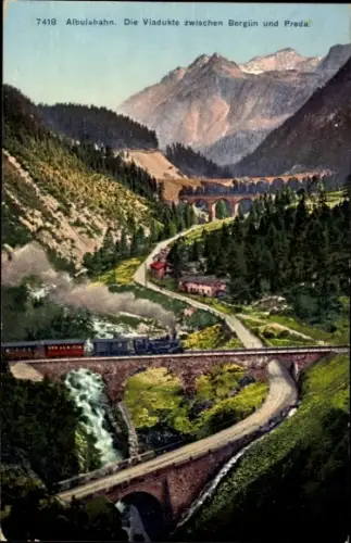 Ak Kanton Graubünden Schweiz, Albulabahn, Viadukte zwischen Bergrün und Preda