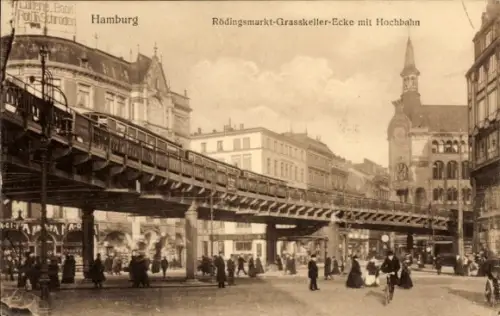Ak Hamburg Mitte Altstadt, Rödingsmarkt Grasskeller Ecke mit Hochbahn