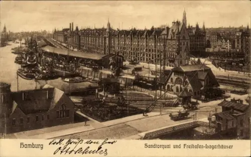 Ak Hamburg Mitte Altstadt, Sandtorquai und Freihafen Lagerhäuser