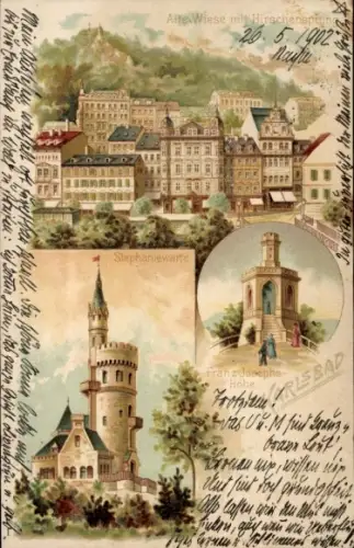 Litho Karlovy Vary Karlsbad Stadt, Alte Wiese mit Hirschensprung, Stephaniewarte