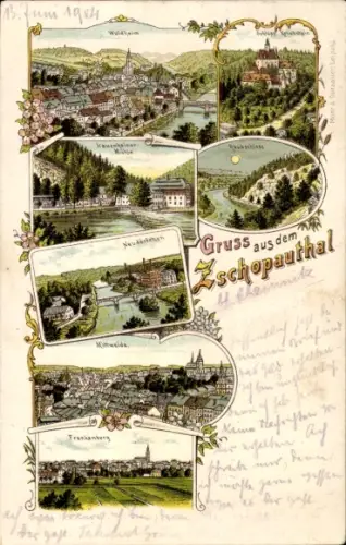 Litho Mittweida in Sachsen, Zschopautal, Frankenberg, Neudörfchen, Lauenhainer Mühle, Waldheim