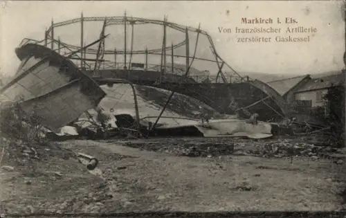 Ak Sainte Marie aux Mines Markirch Elsass Haut Rhin, v. franz. Artillerie zerstörter Gaskessel