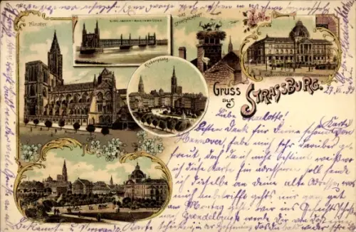 Litho Straßburg Elsass Bas Rhin, Münster, Kleberplatz, Rheinbrücke