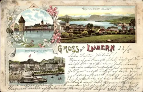 Litho Luzern Stadt Schweiz, Kappelbrücke, Gesamtansicht, Hotel Schweizerhof, Quai