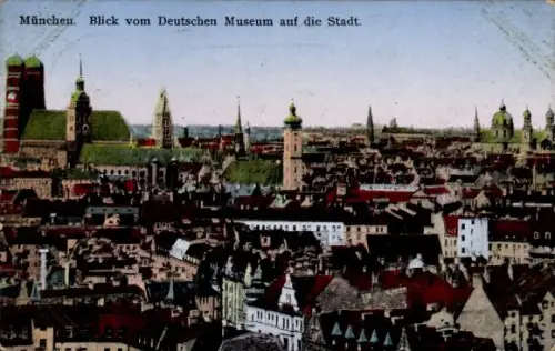 Ak München Bayern,  Blick vom Deutschen Museum, Frauenkirche, St. Peter, Theatinerkirche