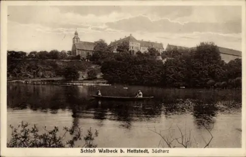 Ak Hettstedt Südharz, Blick auf Schloss Walbeck, Gewässer, Ruderboot