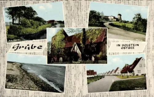 Ak Grube in Holstein, Am Kanal, Strand, Kirche, Mühle