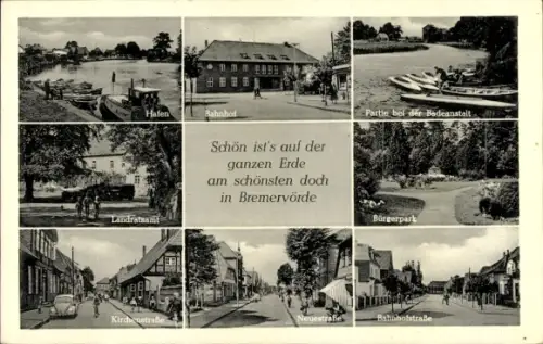 Ak Bremervörde in Niedersachsen, Bahnhofstraße, Kirchenstraße, Landratsamt, Hafen