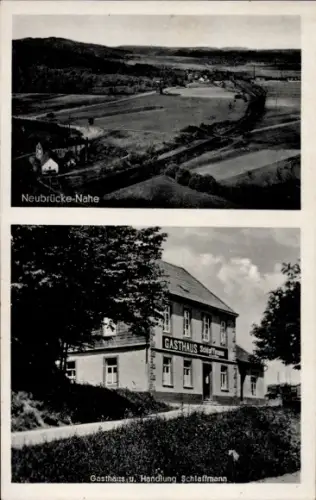 Ak Neubrücke an der Nahe Hoppstädten Weiersbach in Rheinland Pfalz, Totale, Gasthof und Geschäft