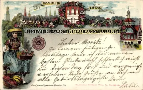 Litho Hamburg, Allg. Gartenbau Ausstellung 1897, Hauptausstellungsgebäude, Vierländerin, Wappen