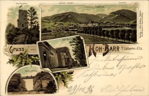 Litho Hoh Barr b. Zabern Bas Rhin, Zabern, Teufelsbrücke, Greifenstein