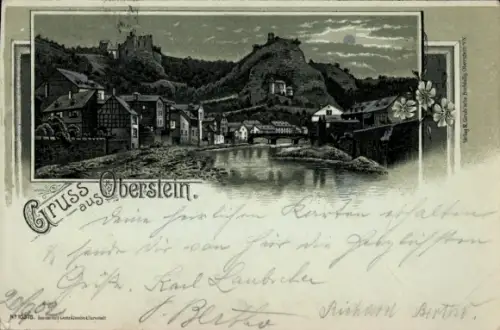 Mondschein Litho Idar Oberstein an der Nahe, Flussansicht mit Blick auf den Ort