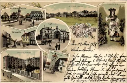 Litho Hagenau, Bahnhof, Kaserne, Hopfenhalle,Tracht, Paradeplatz, Ritterturm